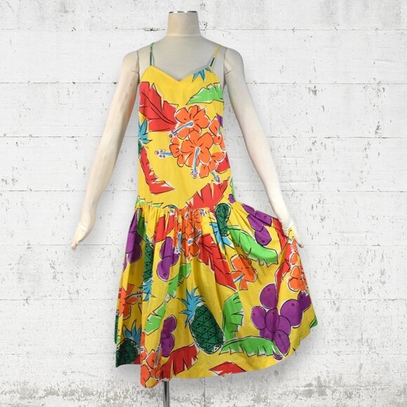 Vintage 70s 80s Two Potato Laguna Beach Bright Yellow Floral Print Dress S - Picture 1 of 7